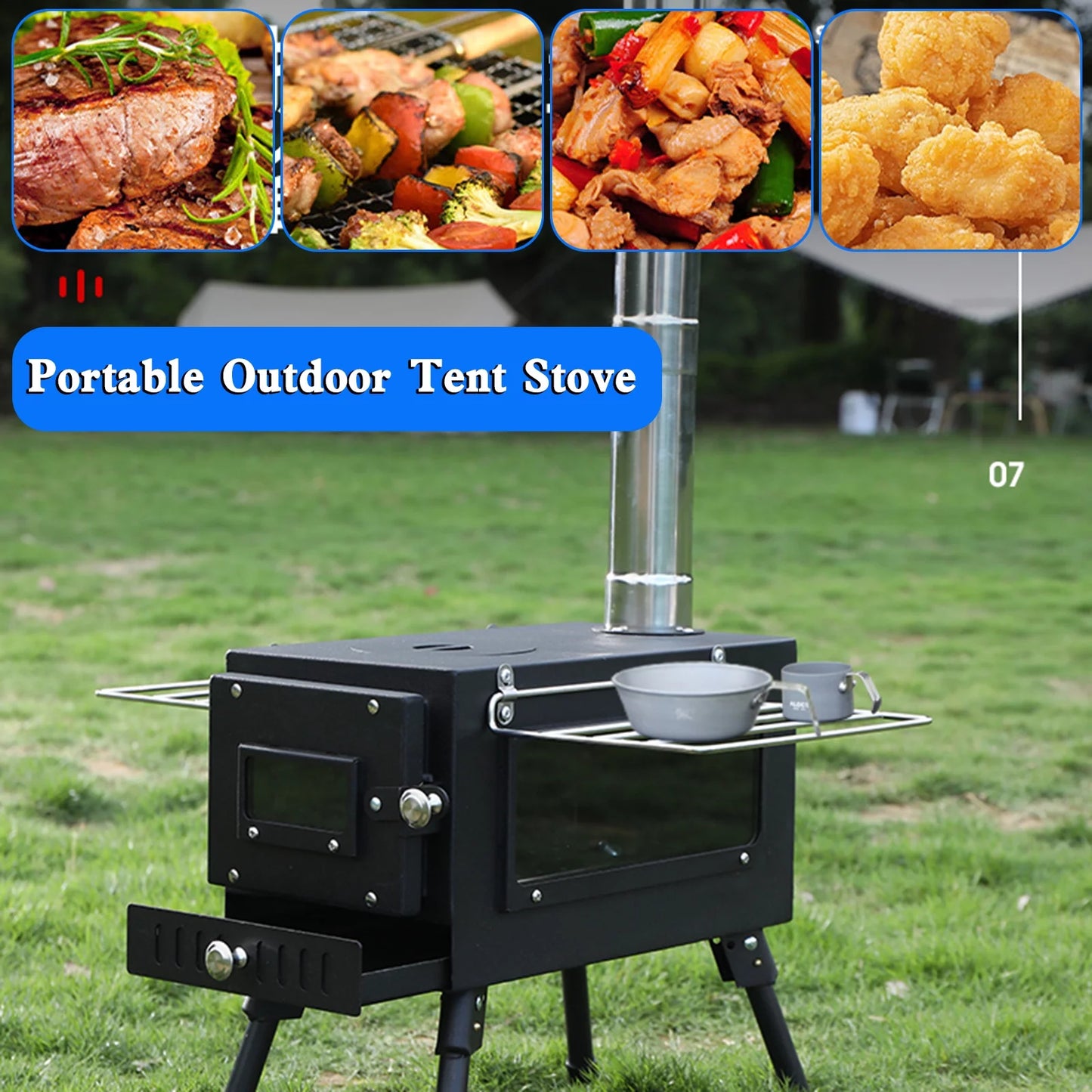 Camping Tent Stove with Window and Chimney Pipe, Portable Wood Burning Stove A67642