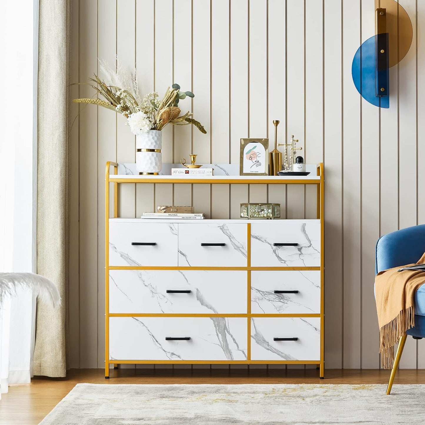 White Dresser with 7 Drawers and Double Shelf for Bedroom U12723