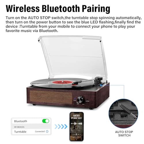 Vinyl Record Player Turntable with Bluetooth and Stereo Speakers, Portable Retro Design R738