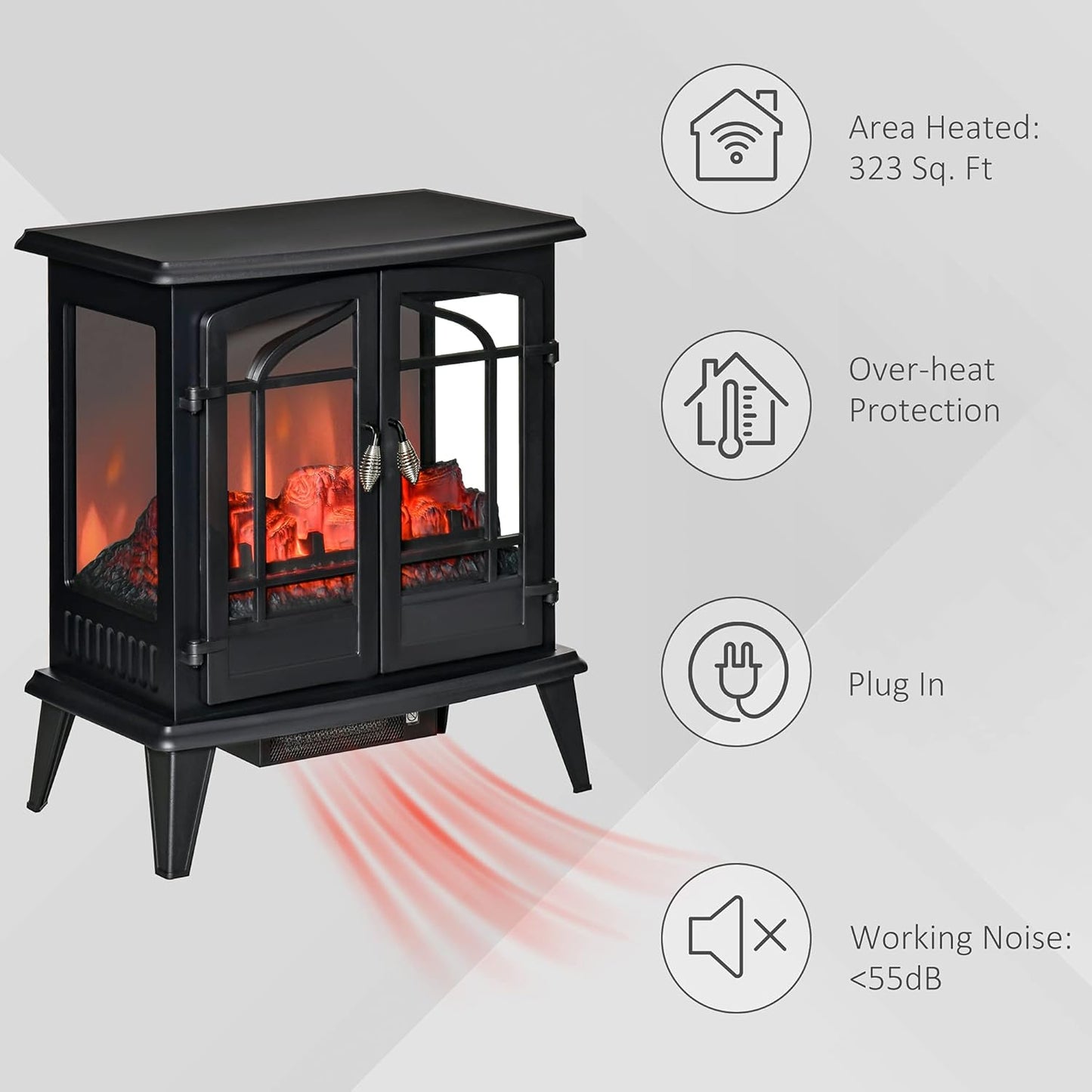 Electric Fireplace Heater, Freestanding Stove with LED Flames, 1400W, Black U41147