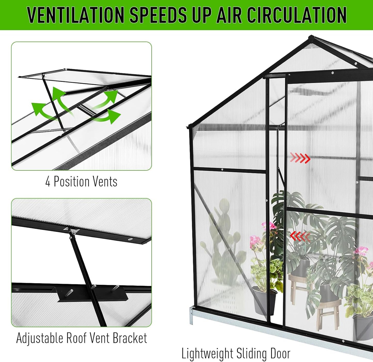 10x6 FT Polycarbonate Greenhouse with Sliding Door and Adjustable Vent Window R286982