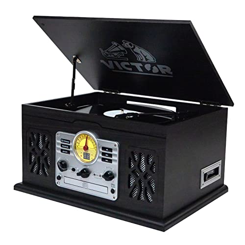 7-in-1 Turntable Music Center with 3-Speed Record Player, CD/MP3/Cassette Player, FM Radio, Bluetooth, Stereo Speakers G236608