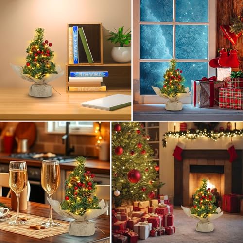 Mini Tabletop Christmas Tree with Timer Lights, Pinecones and Red Berries E794021