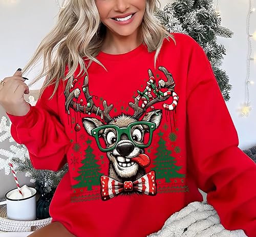 Funny Reindeer Graphic Sweatshirt Oversized Christmas Pullover J1348