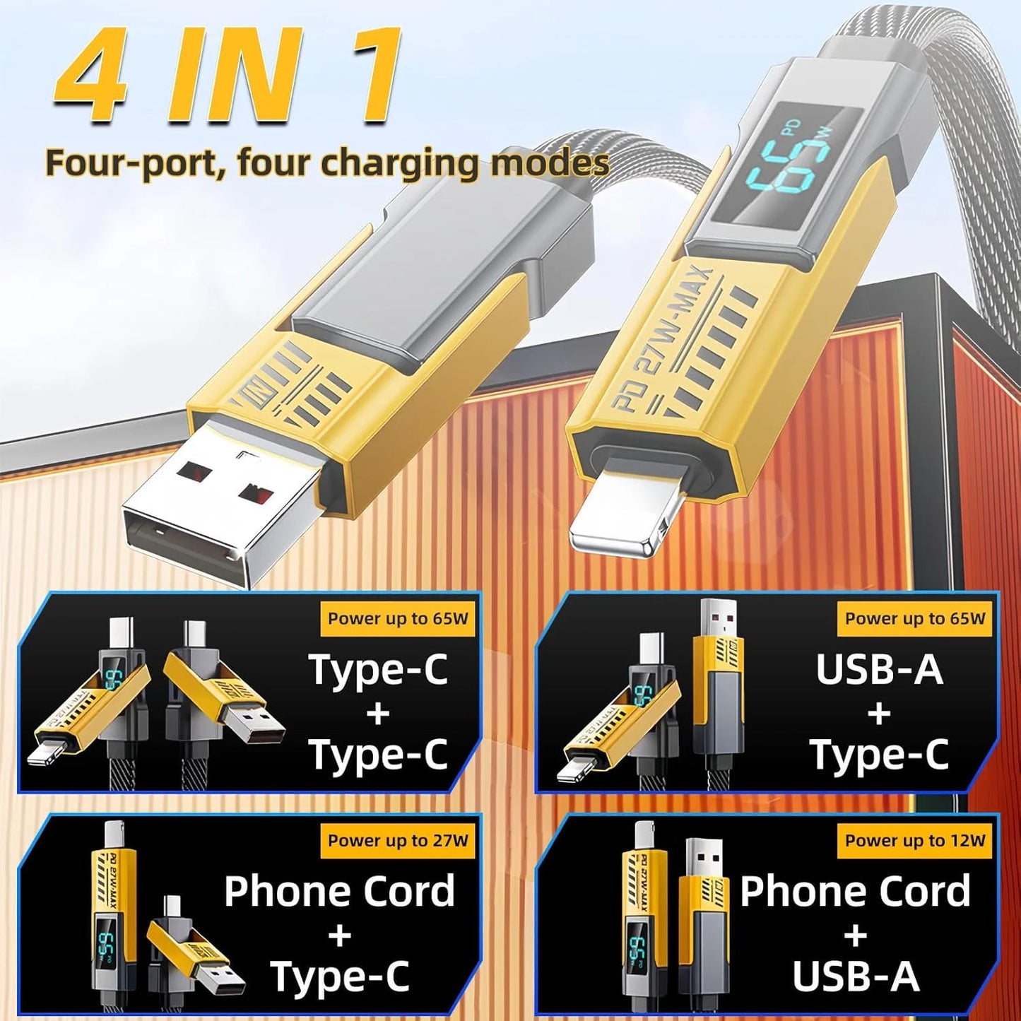 USB 65W 4-in-1 fast charging cable 6.6FT with LED display D287341