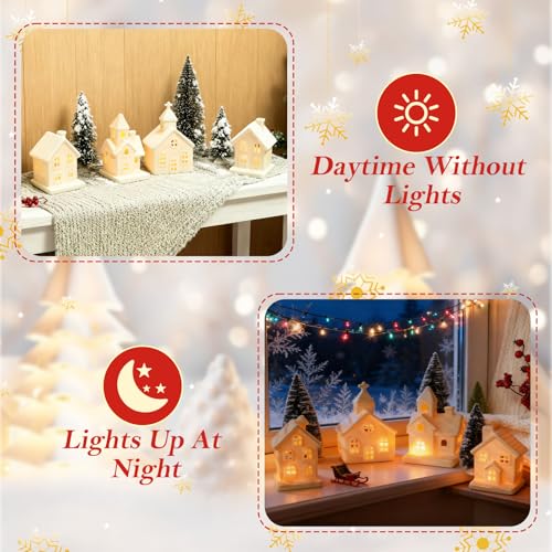 7PCS Christmas Village Sets - 3 LED Lighted Ceramic Houses with Remote & 4 Trees, Porcelain Miniature Decorations X236956