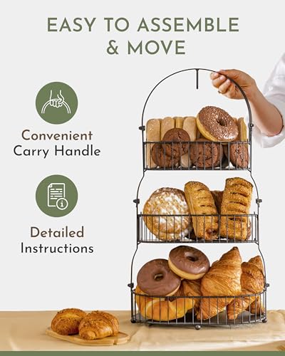 Fruit Basket for Kitchen Counter 3 Tier with Banana Hook and Bamboo Lid T780