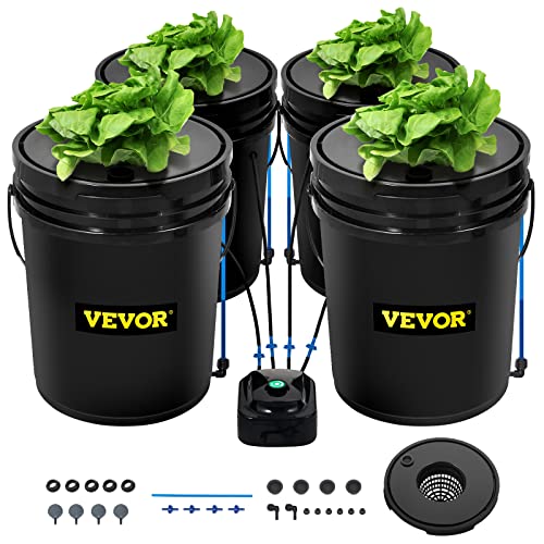 VEVOR RDWC Hydroponics Grow System, Hydroponic Growing Kit with Top Drip, Recirculating Deep Water Culture 4 Buckles and 1 Reservoir, with Air Pump and Water Level Device for Leafy Vegetables