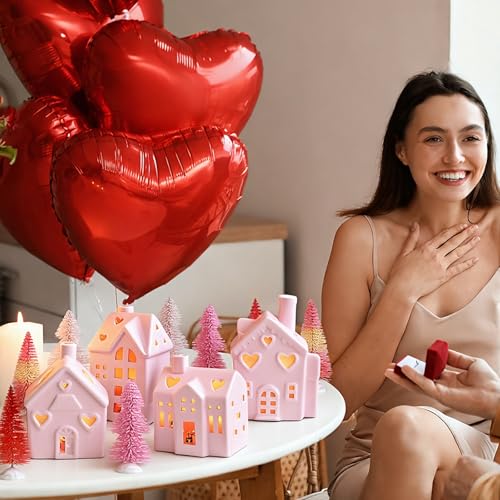 12 Pcs Pink Christmas Ceramic Village Decorations with Lighted Houses and Mini Pine Trees Y816