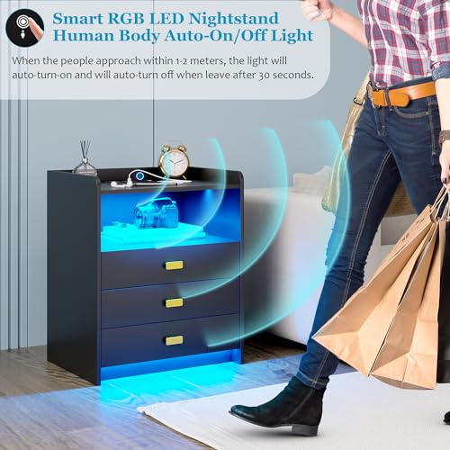 Nightstand with Charging Station, LED Night Stand, End Side Table with 3 Drawers, White P25230