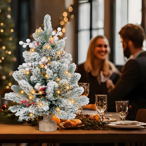 Flocked Artificial Mini Christmas Tree with Lights, Tabletop Decor T336