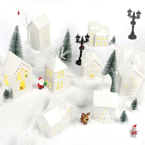LED Christmas Village Set with 8 Ceramic Houses and 17 Trees B5196