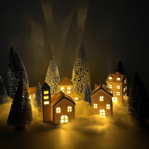 Ceramic Christmas Village Houses with Trees and Fake Snow E85270