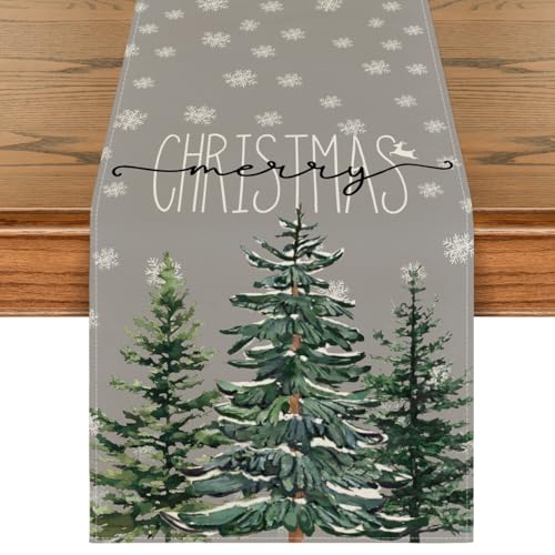 Beige Pine Tree Snowflake Christmas Table Runner, Winter Holiday Kitchen Dining Table Decor, 13 x 72 Inch Z426