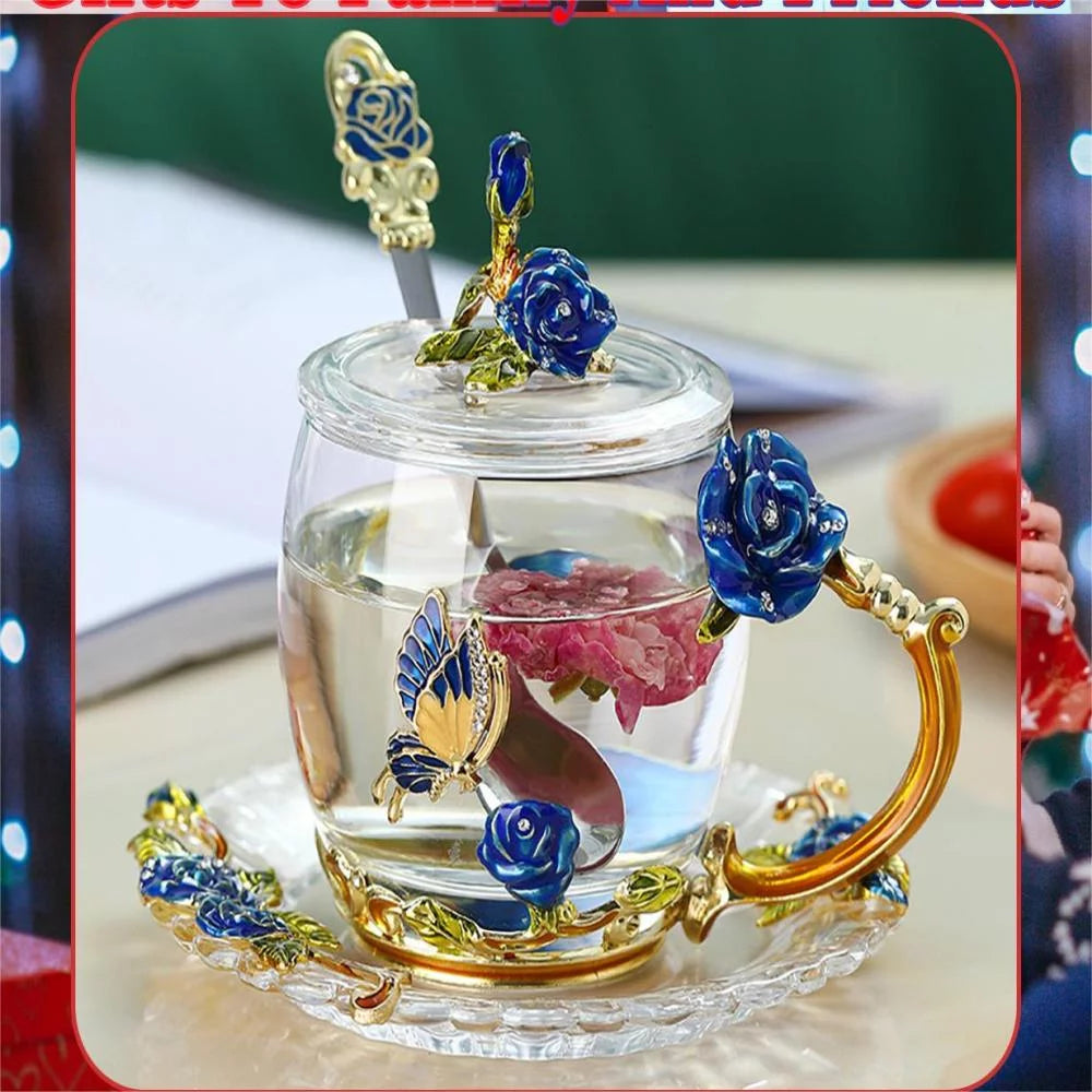 Enamel Glass Tea Cup with Lid, Coaster and Spoon, Vintage Blue Rose Design, 320ml G7377