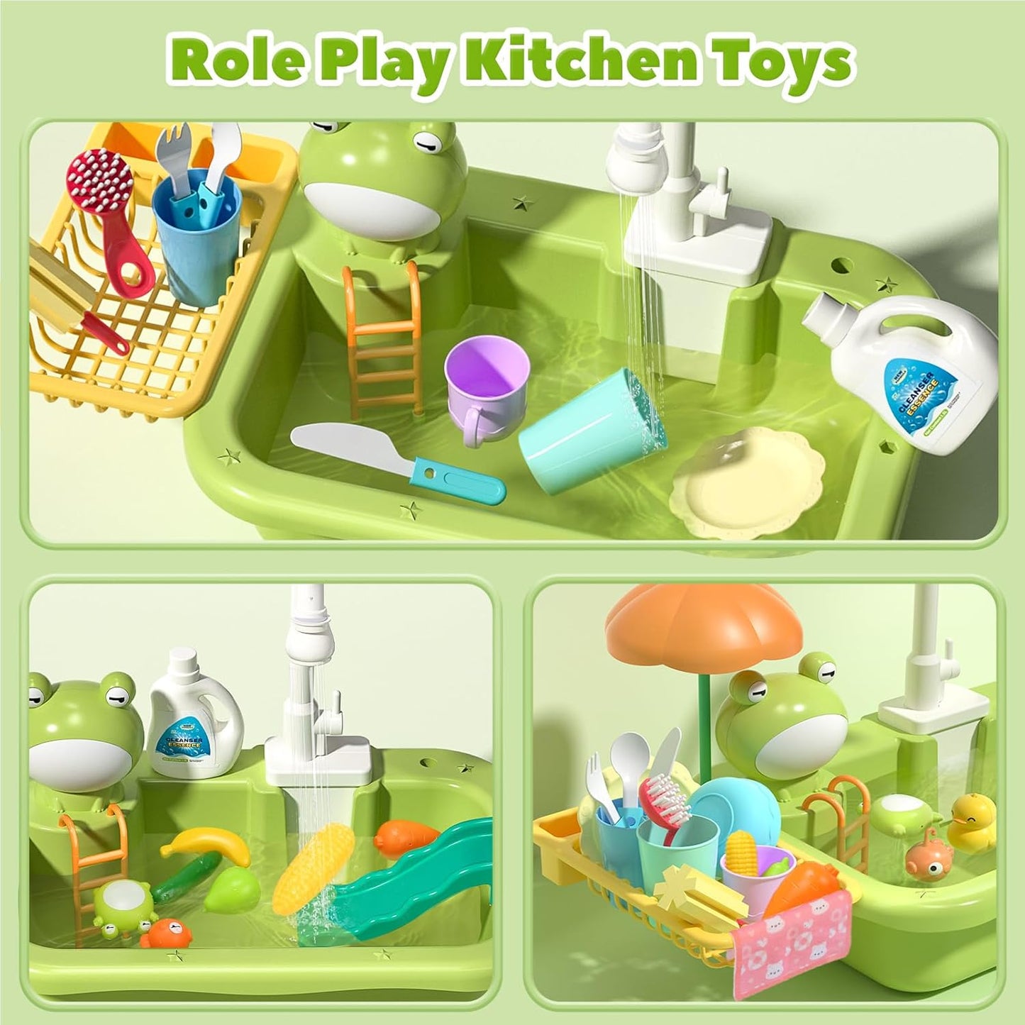 Play Sink with Running Water, Kitchen Sink Toys with Electric Faucet, Kids Pots and Pans Set with Play Food and Storage Basket P99035