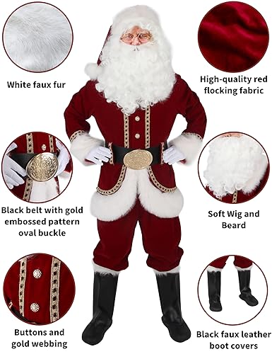 Men's Deluxe Santa Claus Costume 11pcs Red Adult Christmas Outfit H412