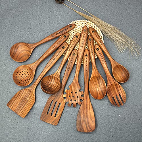 Christmas Wooden Spoons for Cooking, 10 Pcs Natural Teak Kitchen Utensils Set S557967