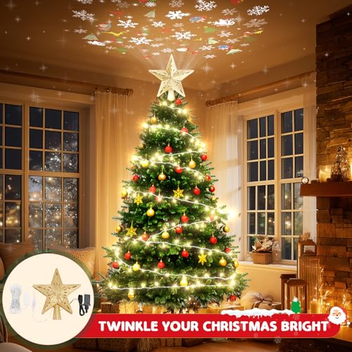 Christmas Tree Topper Lighted with 6 Projection Slides, Snowflake LED Rotating 3D Glitter Tree Topper O28849