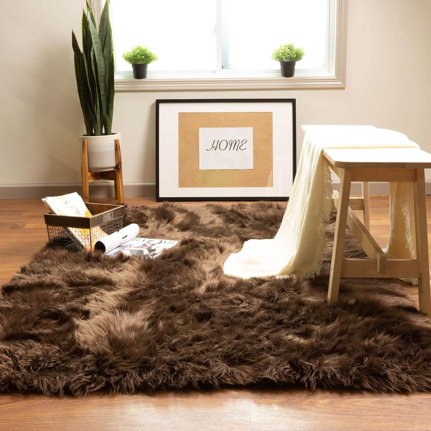 Super Area Rugs Ultra Soft & Fluffy Faux Sheepskin Rug, Dark Brown 5 x 7 Feet Carpet for Bedroom Living Room
