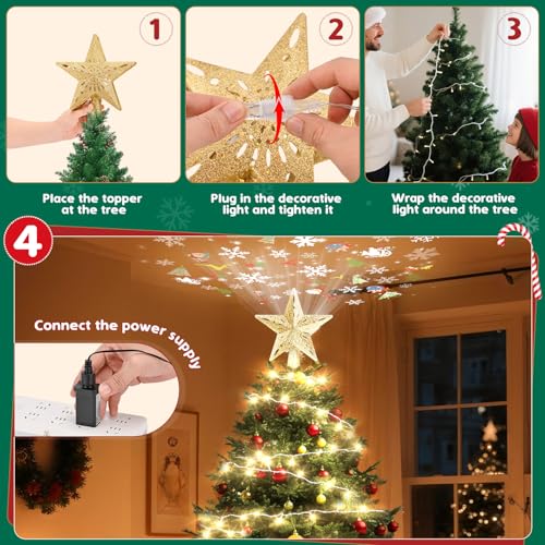 Christmas Tree Topper Lighted with 6 Projection Slides, Snowflake LED Rotating 3D Glitter Tree Topper O28849