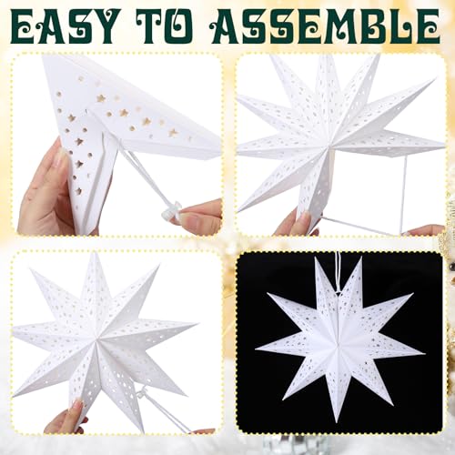 12 Pcs Christmas Paper Star Lantern 9 Point Hanging Ornament with String Light H44991