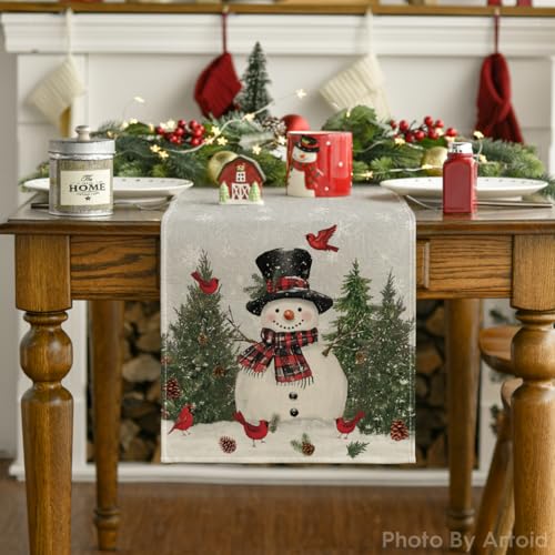 Snowman Christmas Birds Trees Table Runner, Winter Holiday Kitchen Dining Table Decoration, 13 x 72 Inch Z2031