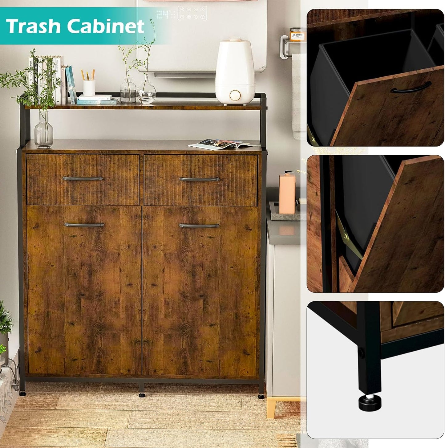 Dual Tilt-Out Trash Cabinet with 2 Drawers and Shelf, 10 Gallon A642207