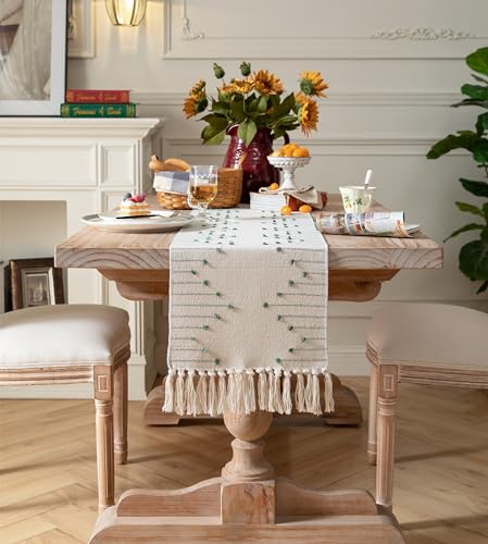 Christmas Table Runner 13 x 90 Inch Natural Cotton Woven with Tassels, Red and Beige U800