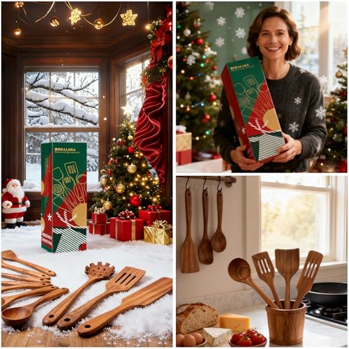 Christmas Wooden Spoons for Cooking, 10 Pcs Natural Teak Kitchen Utensils Set S557967
