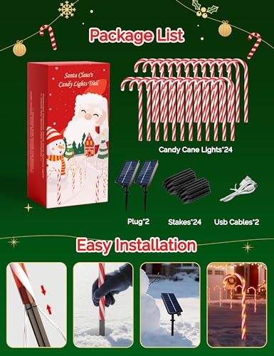 24 Pack Solar Christmas Candy Cane Lights Outdoor Pathway Decorations with 168 Warm Lights K364