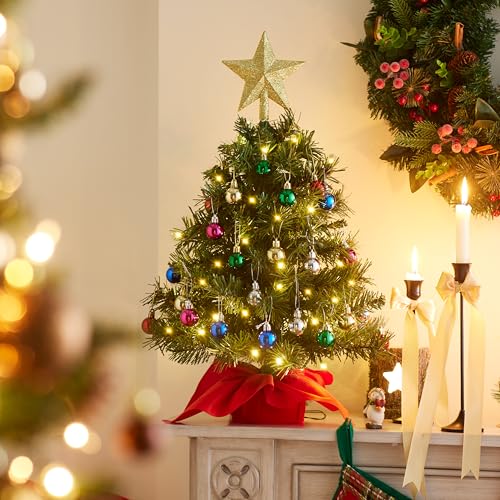 24" Mini Christmas Tree Tabletop Set with LED Lights and Ornaments V8406