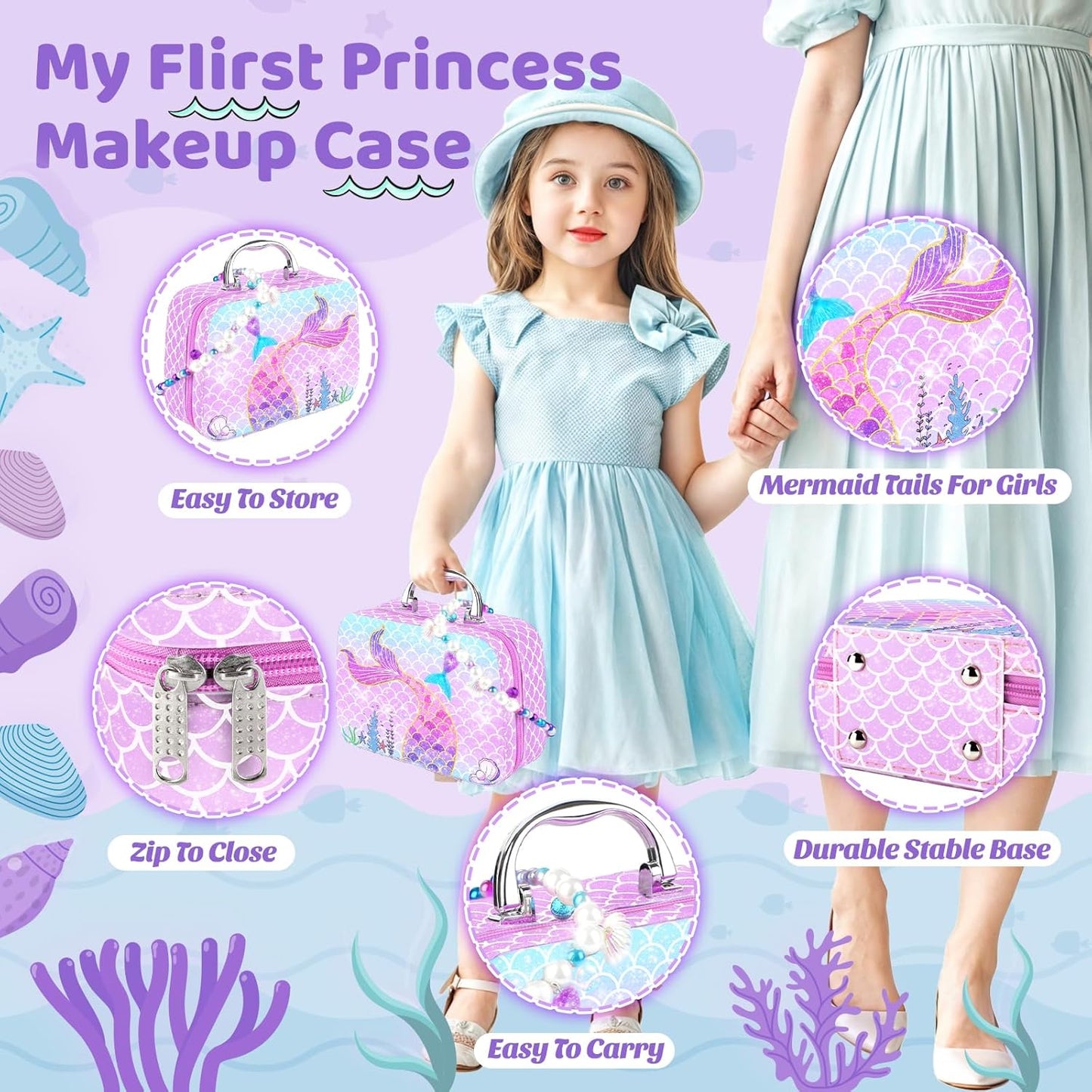Pretend Makeup for Toddlers, Mermaid Toy Purse for Girls, Kids Makeup Kit C24410