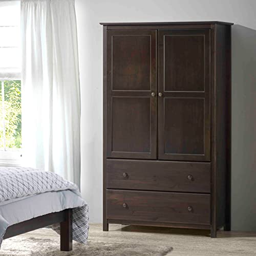 Grain Wood Furniture Shaker 2-Door Wardrobe, Solid Wood with Walnut Finish