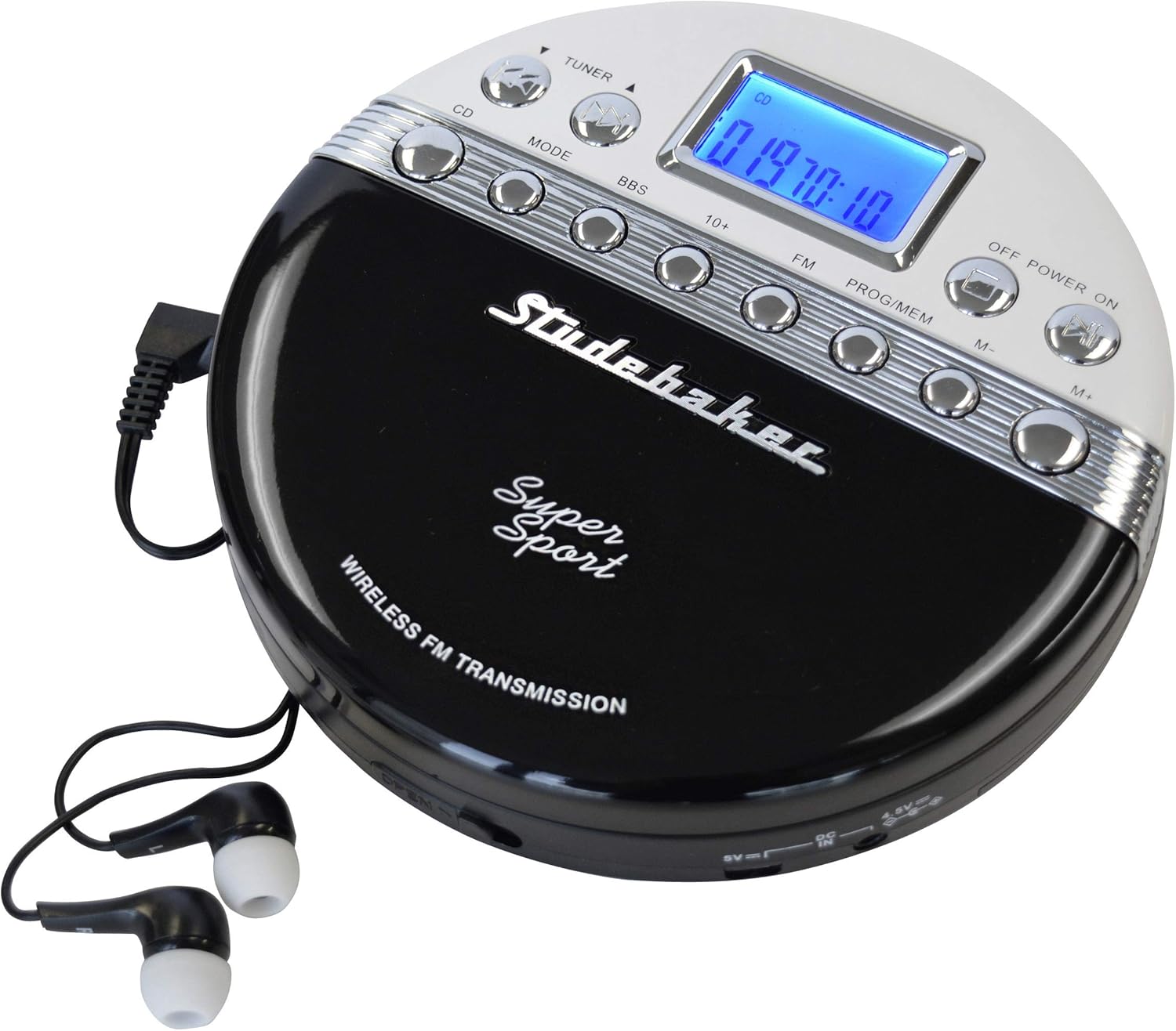 Studebaker SB3705BW Super Sport Portable CD Player Plays CDs wirelessly through car radio includes FM stereo radio and color coordinated stereo earbuds