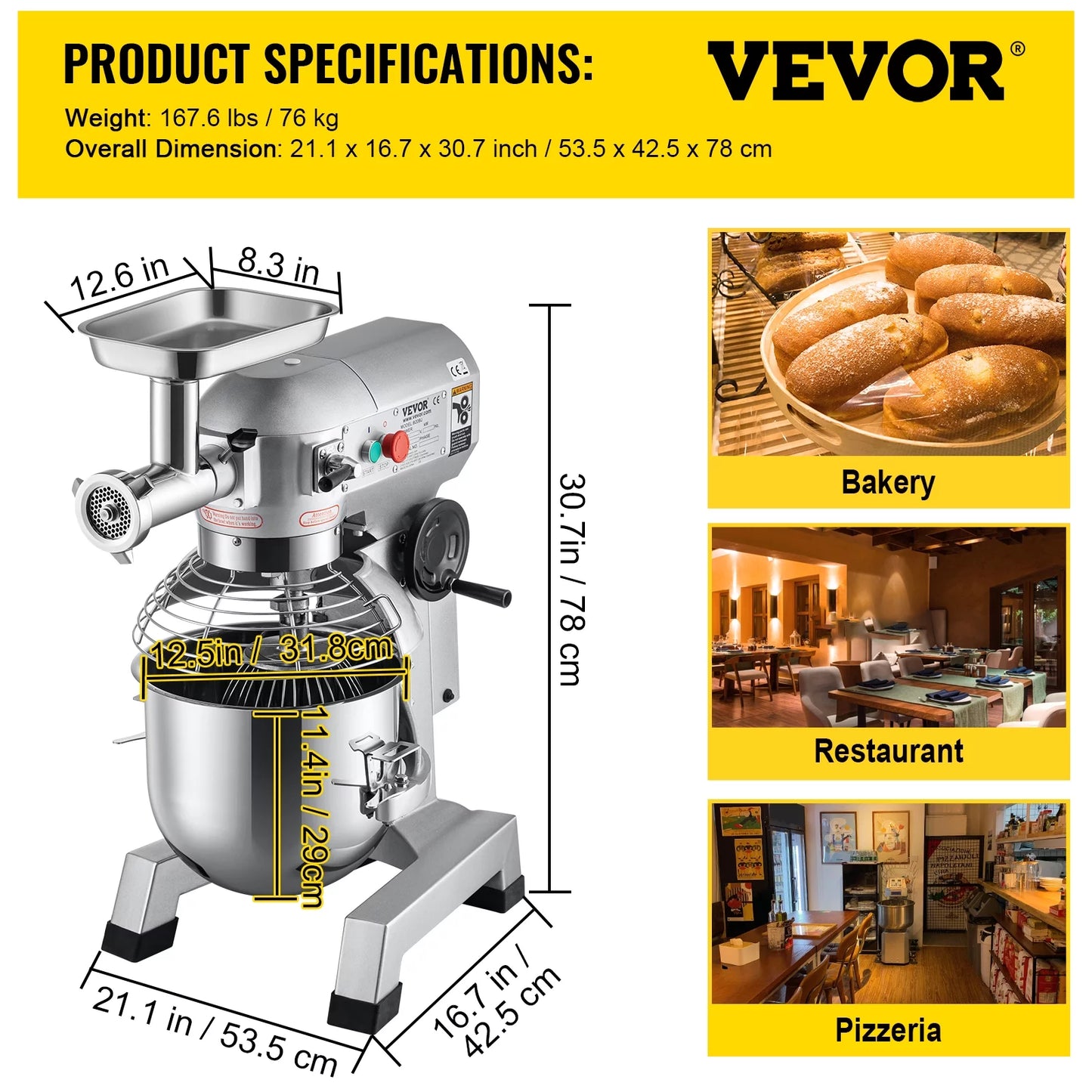 Commercial Stand Mixer, 20Qt Stainless Steel Bowl, 1100W, with Meat Grinder I5360