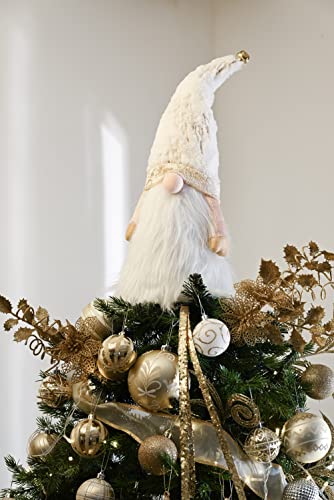 Lighted Christmas Tree Topper Gnome with Timer, 16.5 Inch, White and Gold, LED Lights M99012