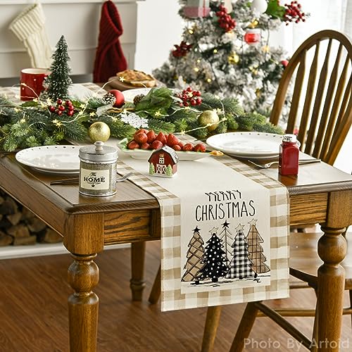 Buffalo Plaid Christmas Trees Table Runner, Winter Holiday Kitchen Dining Decor, 13 x 108 Inch A940
