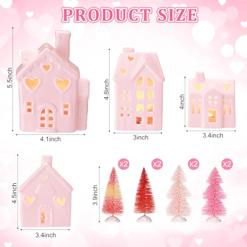 12 Pcs Pink Christmas Ceramic Village Decorations with Lighted Houses and Mini Pine Trees Y816