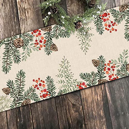 Winter Pine Cone Berry Table Runner, Watercolor Botanical Kitchen Decor, Christmas Farmhouse Dining Decoration 13 X 72 S13131