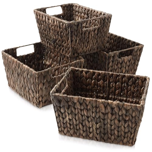 Water Hyacinth Storage Baskets with Handles, Woven Rectangular Bins for Shelves and Laundry X3204