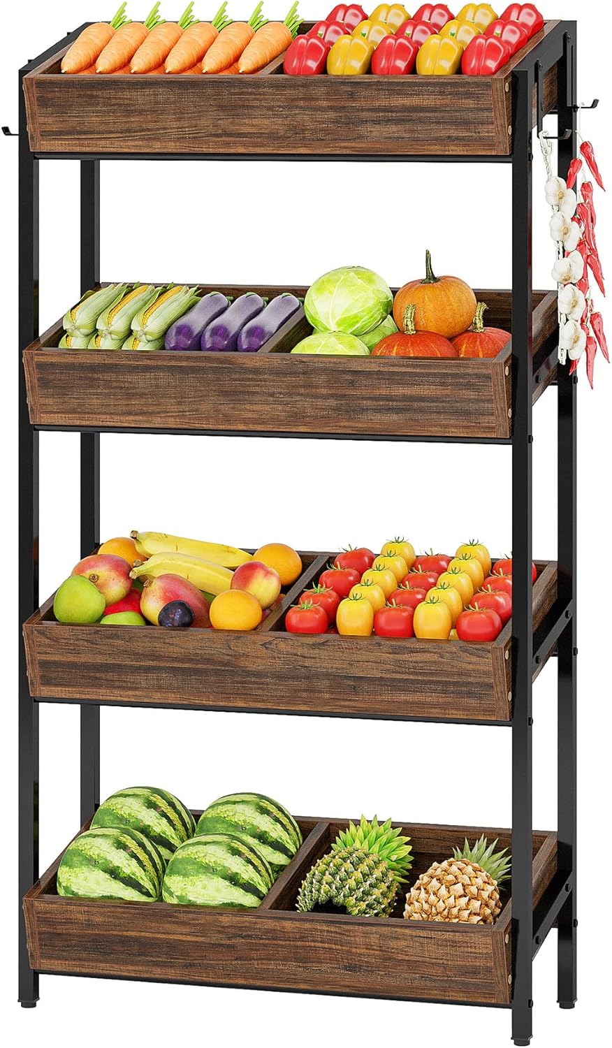 LITTLE TREE 4-Tier Wood Fruit Vegetable Storage Basket Stand, Versatile Utility Shelf Rack for Kitchen, Office, Store, Supremarket, Vintage Brown