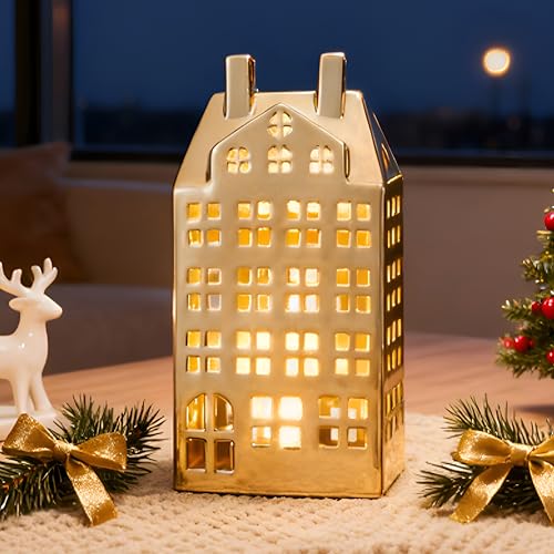 Light Up Christmas Village Set, White Ceramic House with Lights, Tabletop Decor X84474