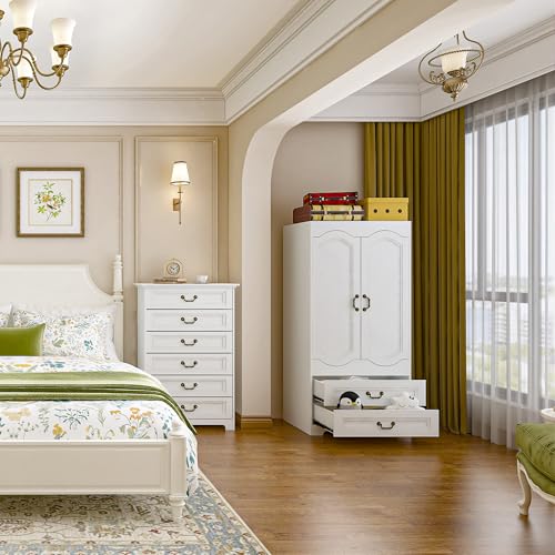 2 Door Wardrobe with 2 Drawer, White Vintage Armoire with Clothing Rod, 67" Tall Wooden Closet Cabinet for Bedroom Z7390