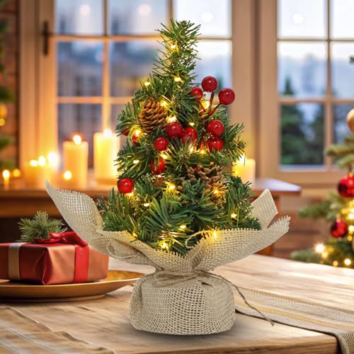 12 Inch Mini Tabletop Christmas Tree with Timer Lights, Artificial Christmas Trees with Pinecones Red Berries Xmas Tree for Home Office Fireplace Christmas Ornaments