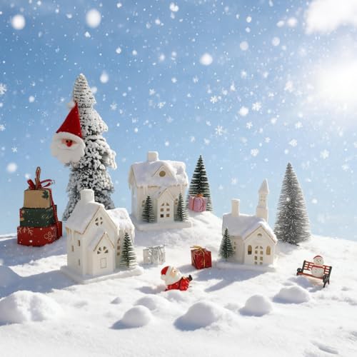 White Ceramic Christmas Village Houses with LED Lights, 3 Pieces with Trees Q945