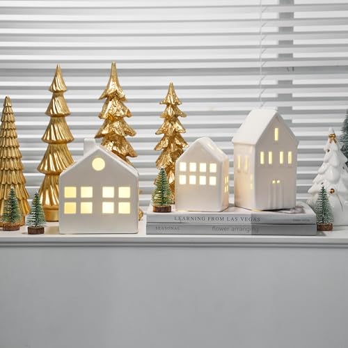 Ceramic Christmas Village Houses with LED Lights, 3 Pieces with Trees Y512