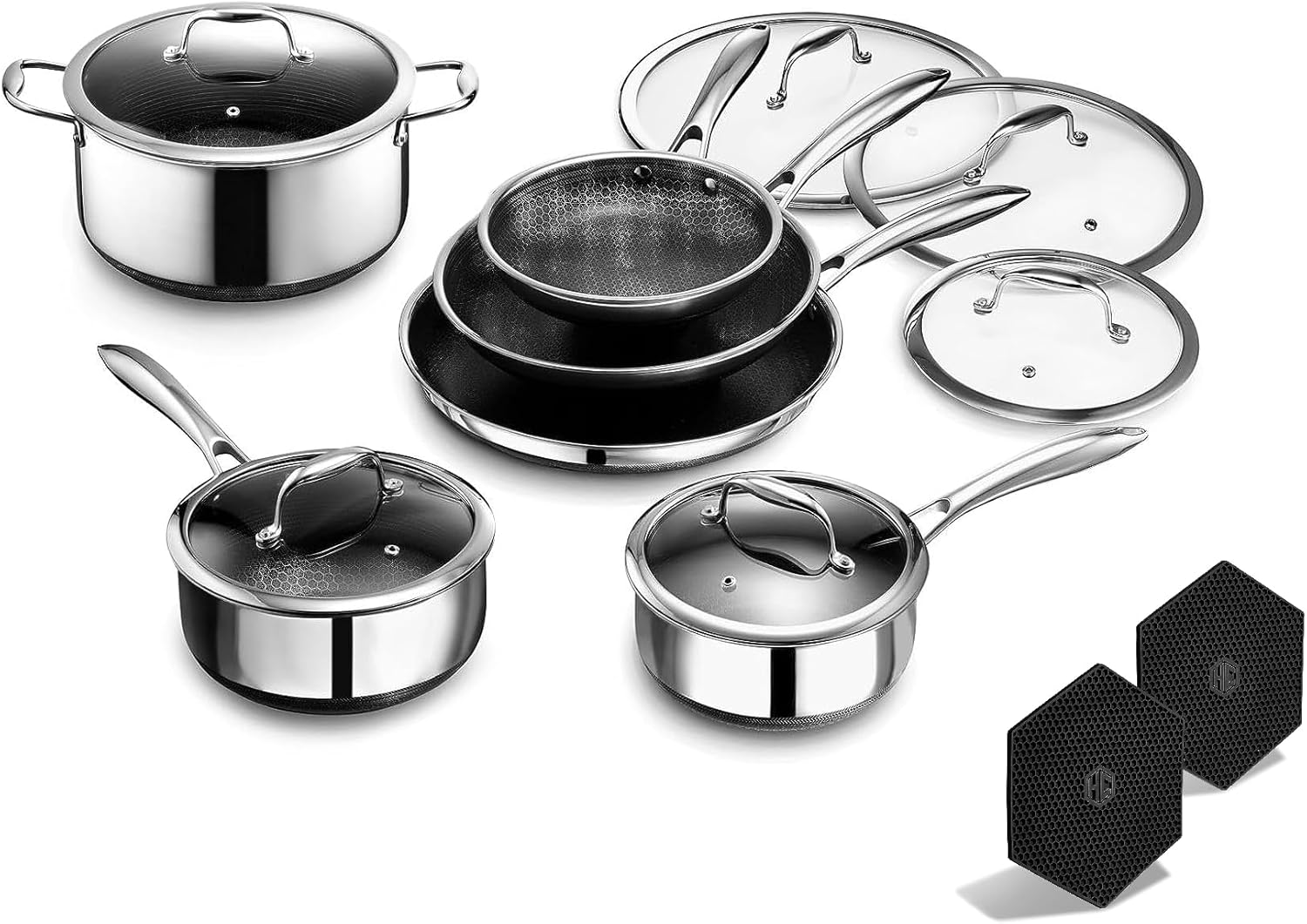 HexClad 12 Piece Hybrid Stainless Steel Cookware Set - 6 Piece Frying Pan Set and 6 Piece Pot Set with Lids, Stay Cool Handles, Dishwasher Safe, Induction Ready, Metal Utensil Safe
