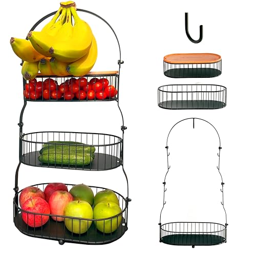Fruit Basket for Kitchen 3 Tier - Countertop Fruit Holder for Kitchen Counter, 3 Tiered Stand with Removable Baskets, Banana Hook and Bamboo Lid