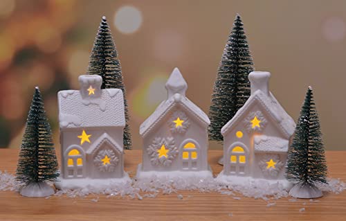 Pre Lit LED Cozy Knit Winter Village with Trees, 7 Piece Tabletop Set W42191